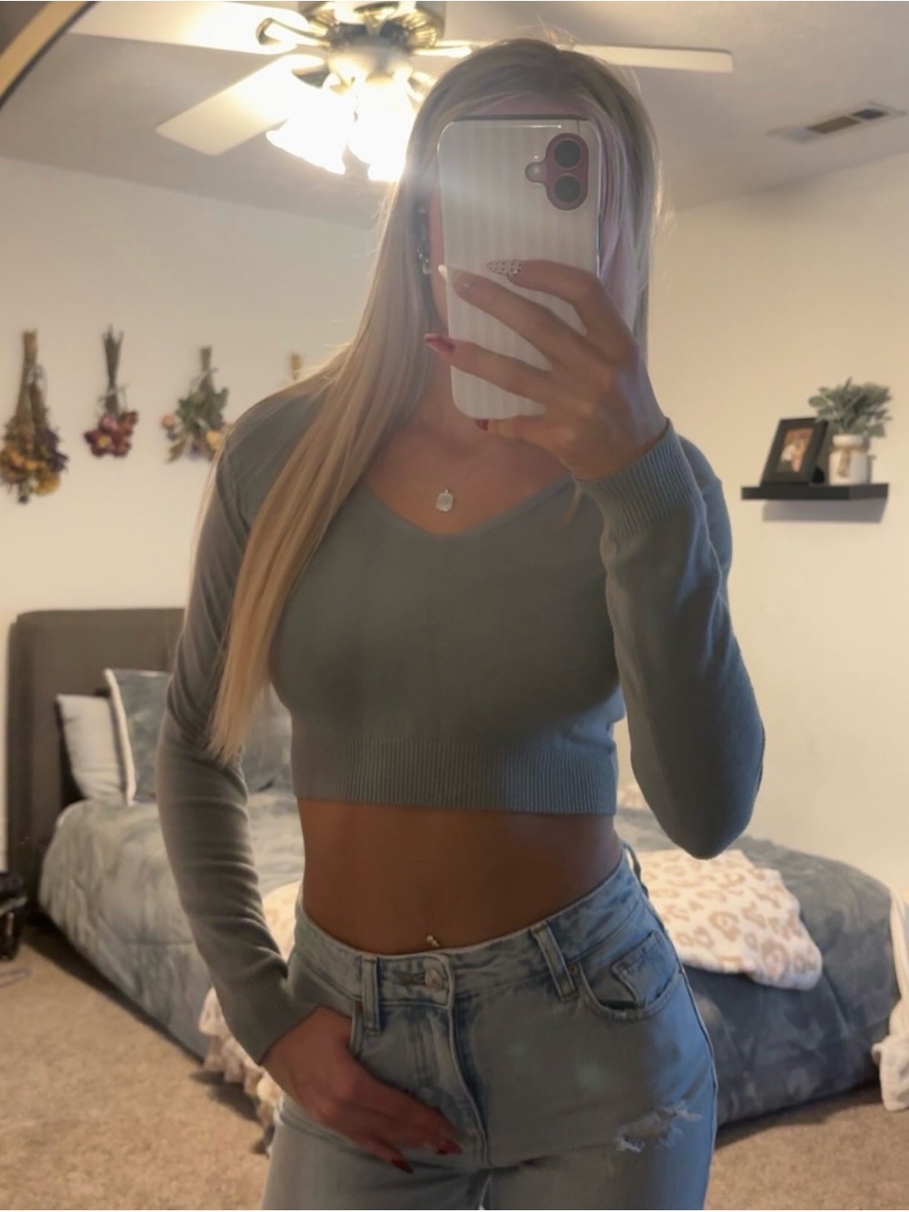 Brandy Melville Sage Green Cropped V-Neck Long Sleeve Top